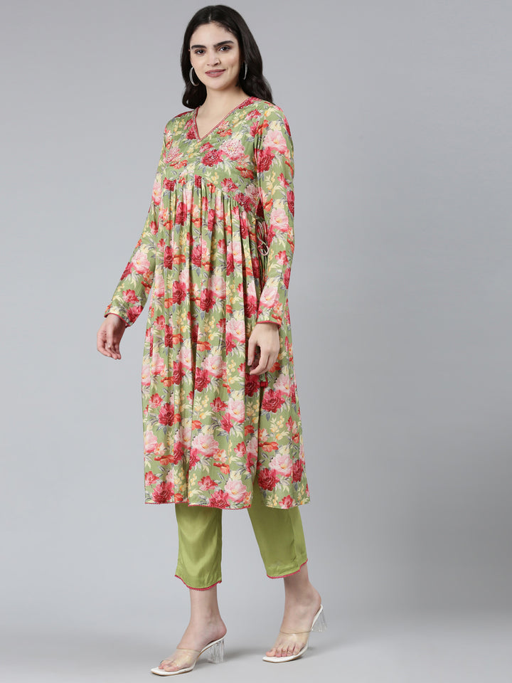 Neerus Green velvet printed Nyra cut kurta set - back view