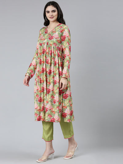 Neeru's Green Pleated Straight Floral Kurta Sets And Trousers With Dupatta