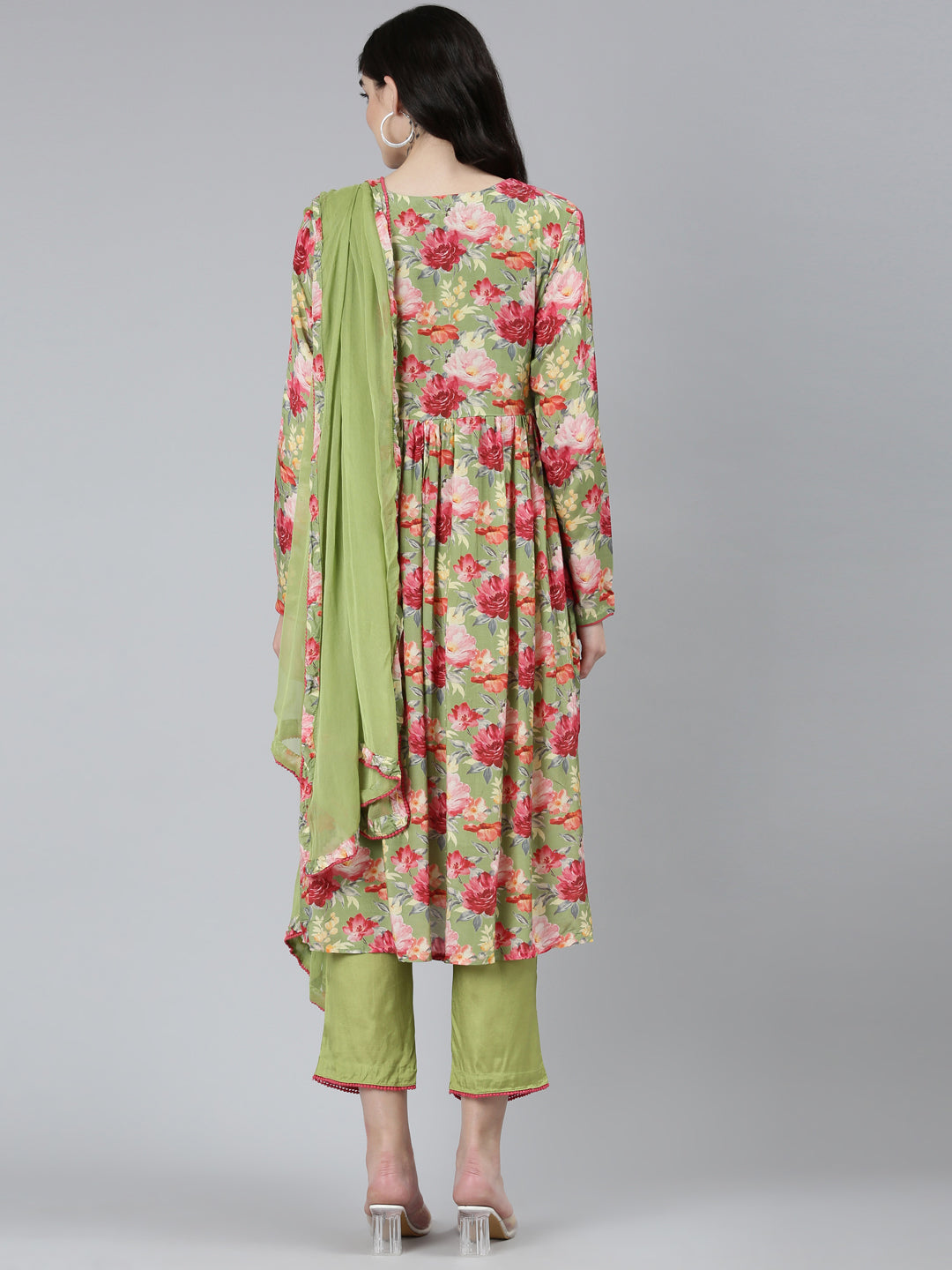 Neerus Green velvet printed Nyra cut kurta set - side view