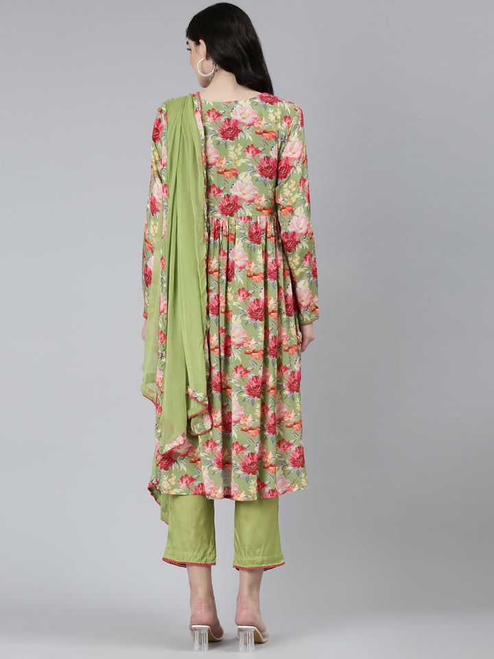 Neerus Green velvet printed Nyra cut kurta set - side view