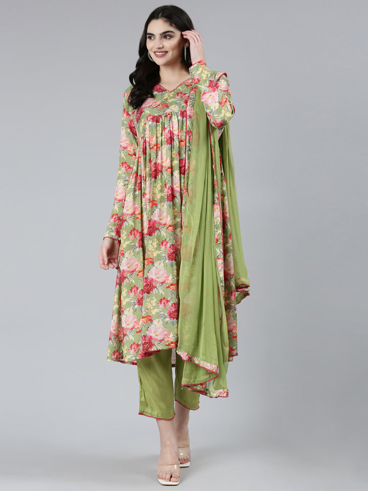 Neerus Green velvet printed Nyra cut kurta set - detail view 2