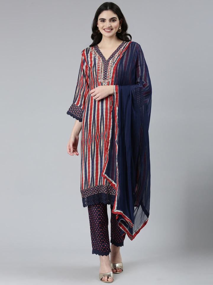 Neerus Blue Regular Straight Chevron Kurta Sets And Trousers With Dupatta