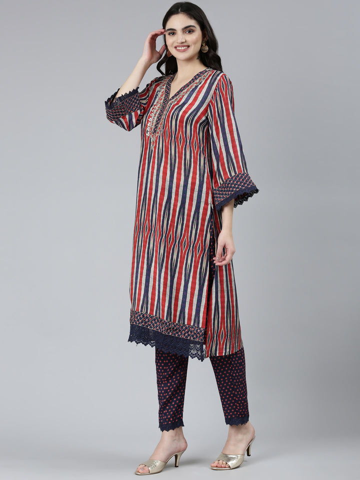 Neerus Blue Regular Straight Chevron Kurta Sets And Trousers With Dupatta