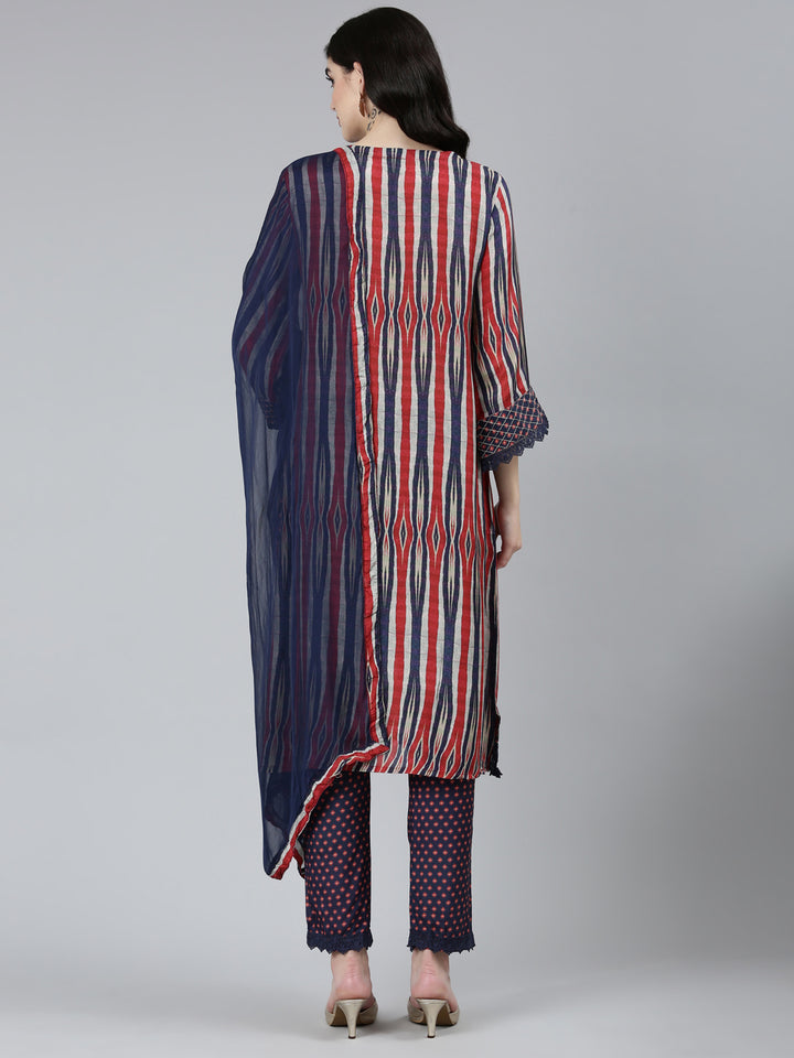 Neerus Blue Regular Straight Chevron Kurta Sets And Trousers With Dupatta