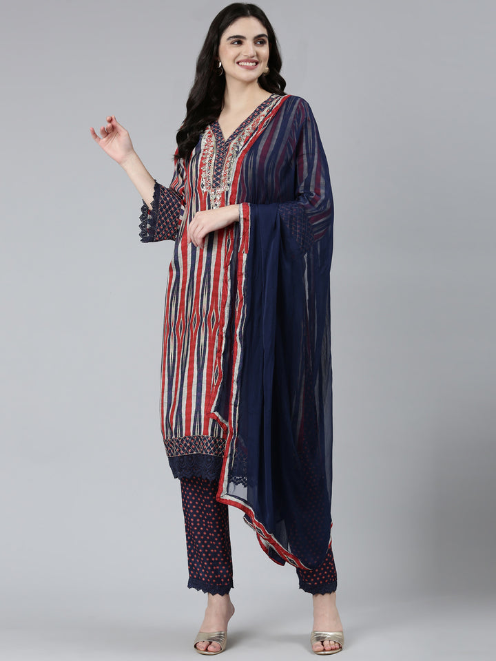 Neerus Blue Regular Straight Chevron Kurta Sets And Trousers With Dupatta