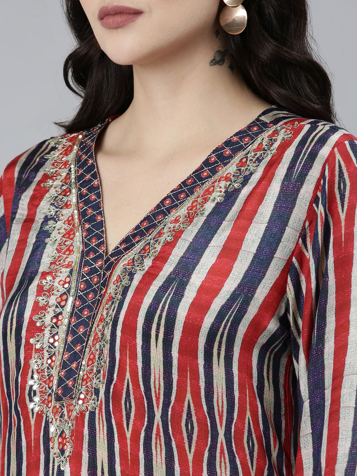 Neerus Blue Regular Straight Chevron Kurta Sets And Trousers With Dupatta