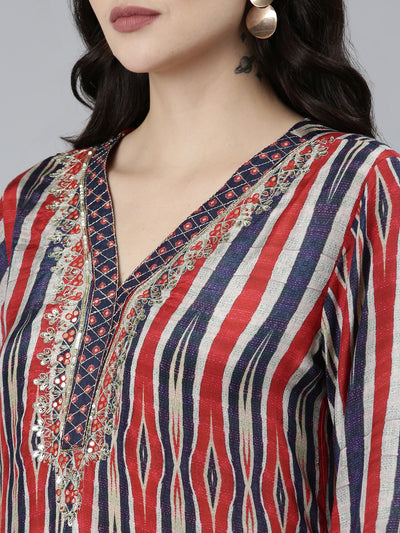 Neeru's Blue Regular Straight Chevron Kurta Sets And Trousers With Dupatta