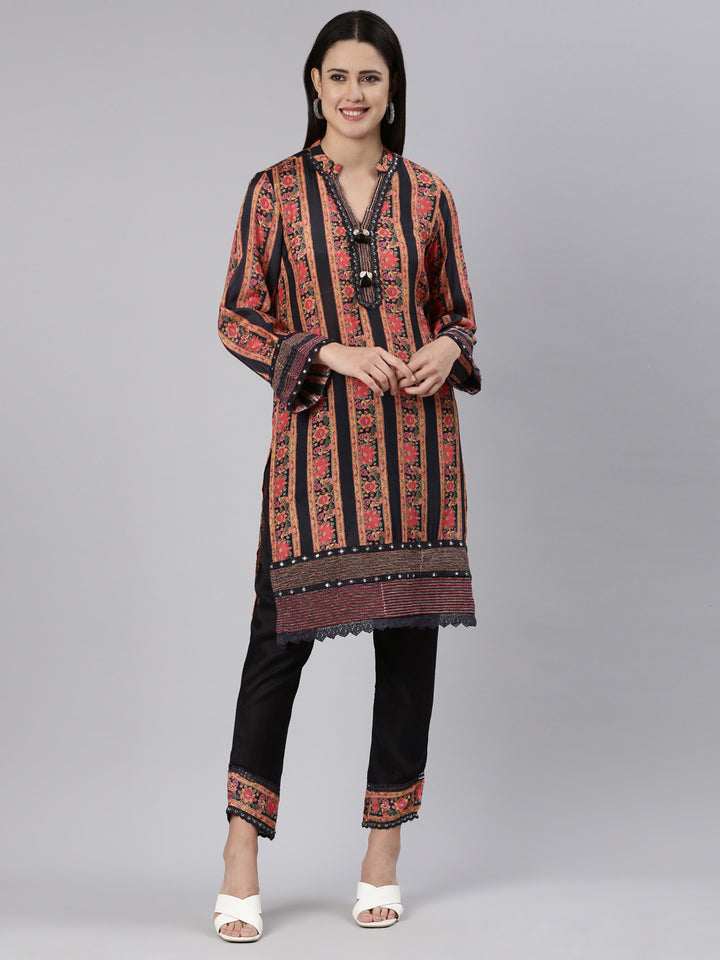 Neerus Black muslin printed kurta set - front view
