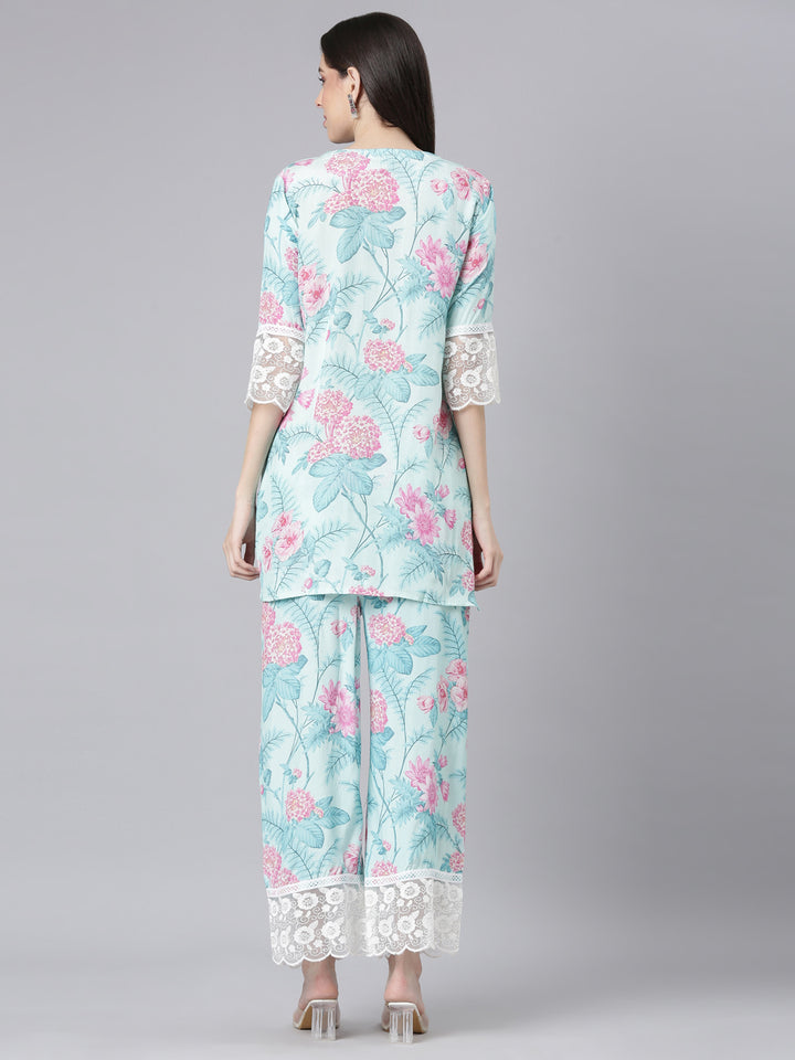 Neerus Blue Printed Straight Kurti and Trousers