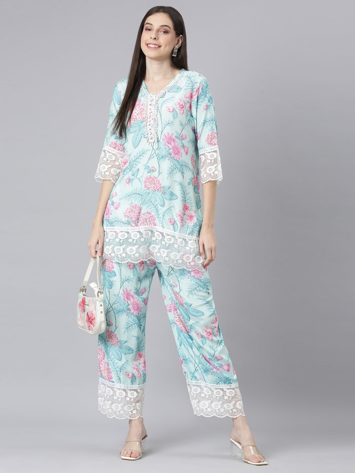 Neerus Blue Printed Straight Kurti and Trousers