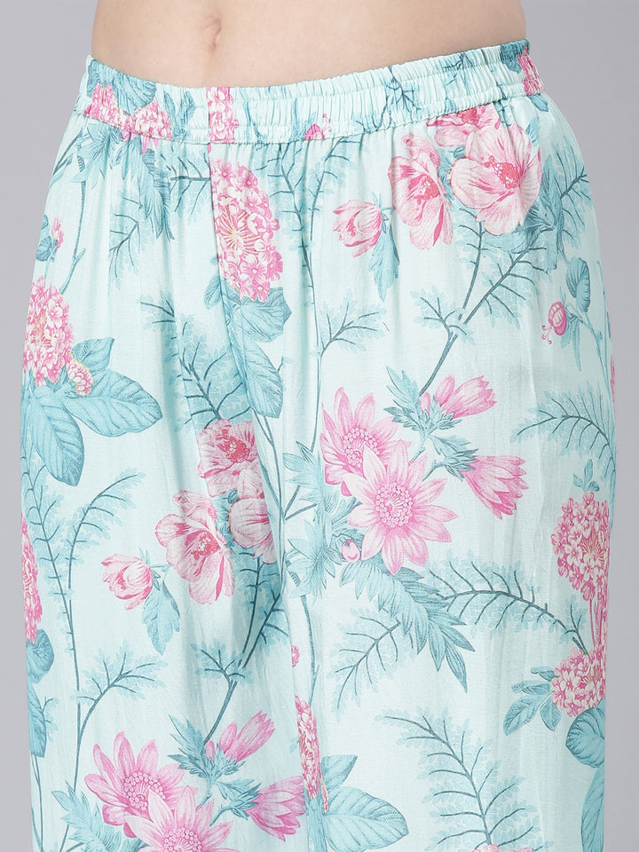 Neerus Blue Printed Straight Kurti and Trousers