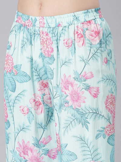 Neerus Blue Printed Straight Kurti and Trousers