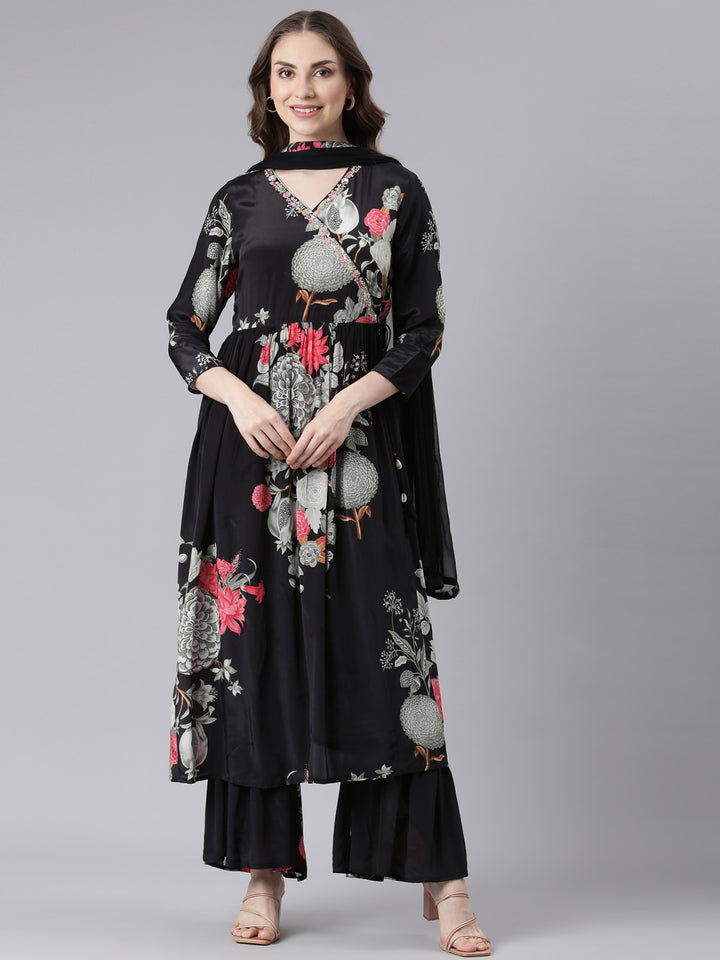 Neerus Black muslin printed kurta suit set - front view