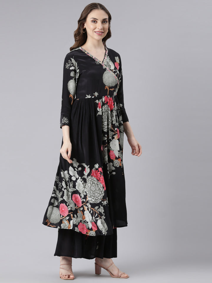 Neerus Black muslin printed kurta suit set - side view