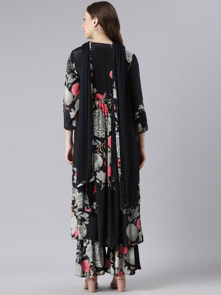 Neerus Black muslin printed kurta suit set - detail view 1