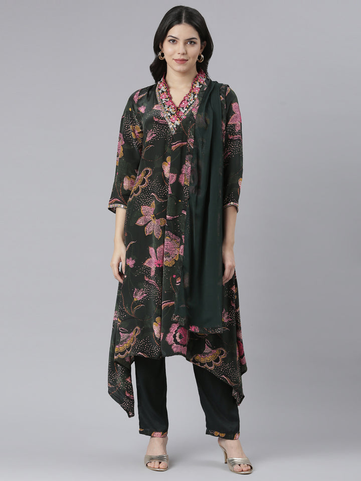 Neerus Green crepe printed high-low suit set - front view