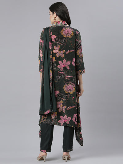 Neeru's Green Regular High-Low Floral Kurta And Trousers With Dupatta