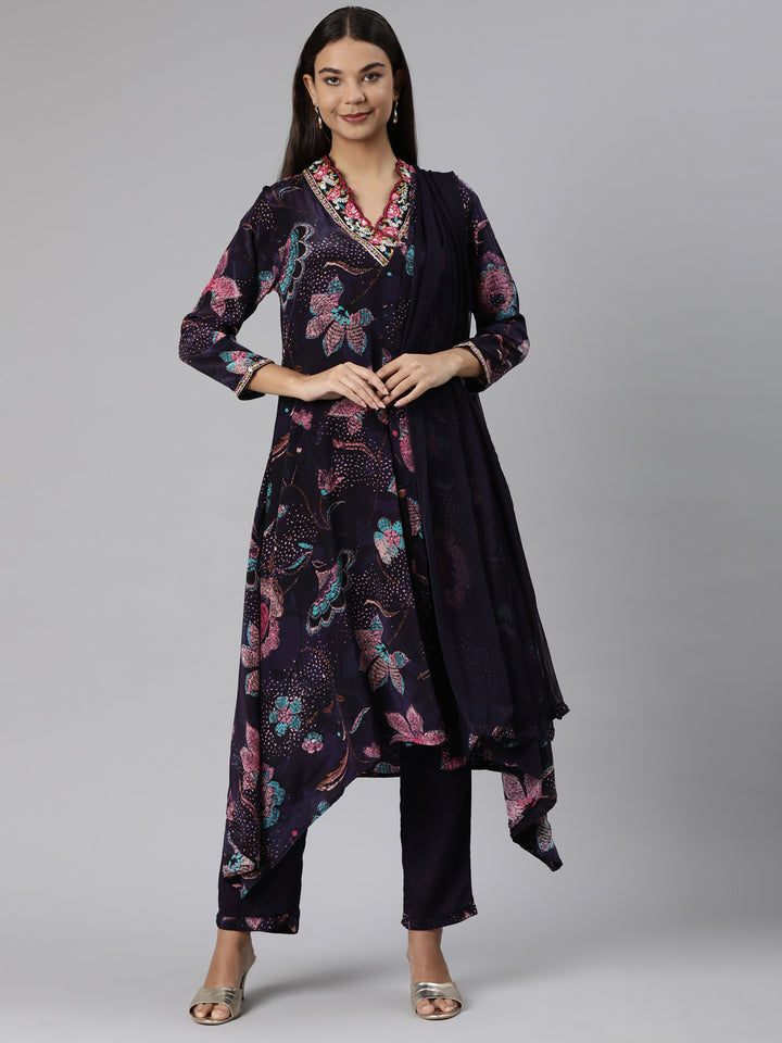 Neerus Purple crepe printed suit set high-low kurta with dupatta - front view