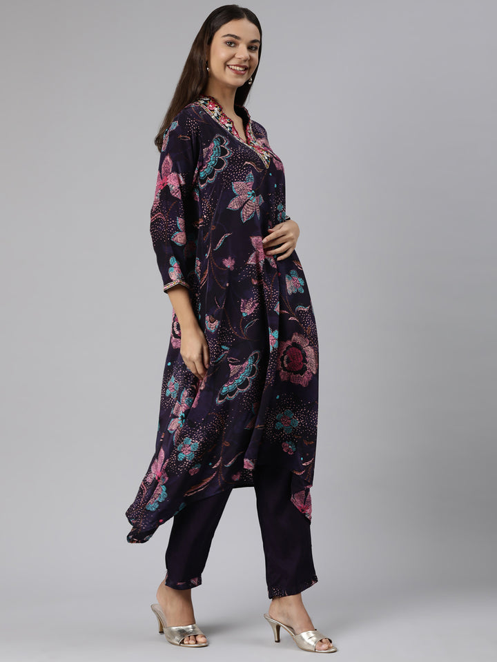 Neerus Purple crepe printed suit set high-low kurta with dupatta - back view