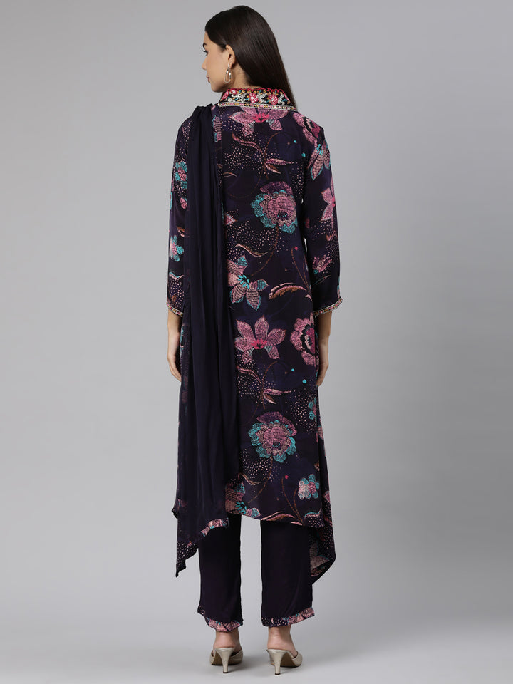 Neerus Purple crepe printed suit set high-low kurta with dupatta - side view