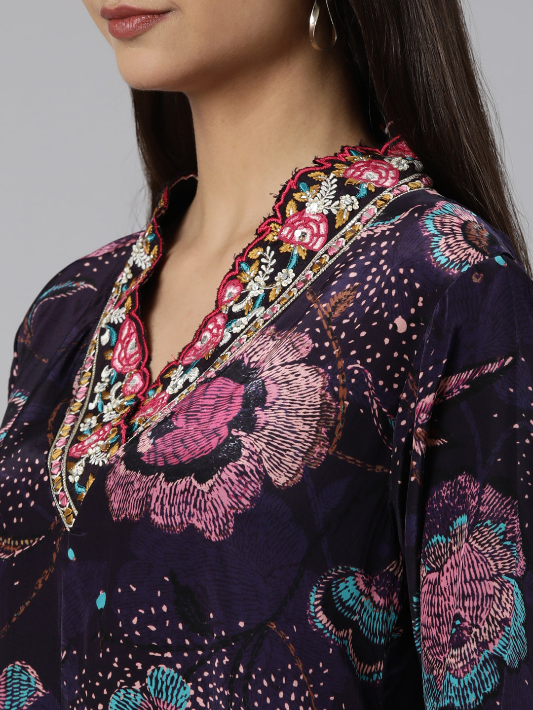 Neerus Purple crepe printed suit set high-low kurta with dupatta - detail view 1