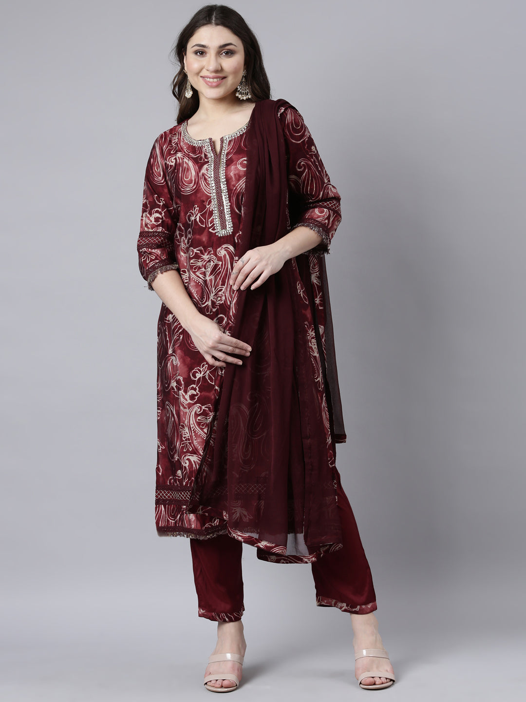 Neerus Maroon Shantoon printed suit set - front view