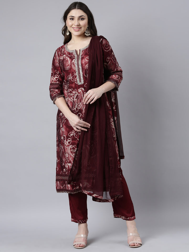 Neerus Maroon Shantoon printed suit set - front view