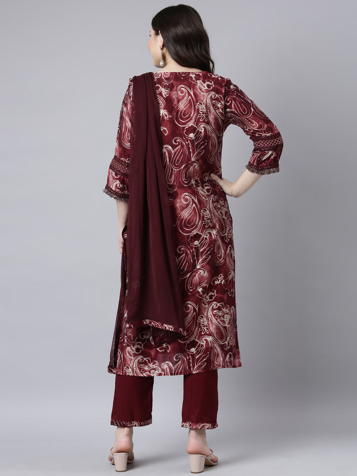 Neerus Maroon Shantoon printed suit set - side view