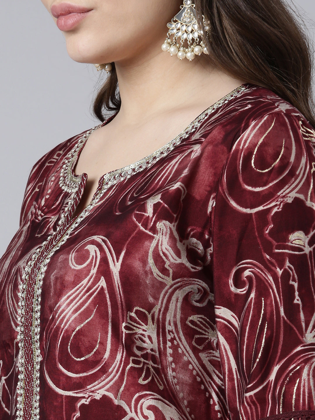 Neerus Maroon Shantoon printed suit set - detail view 1