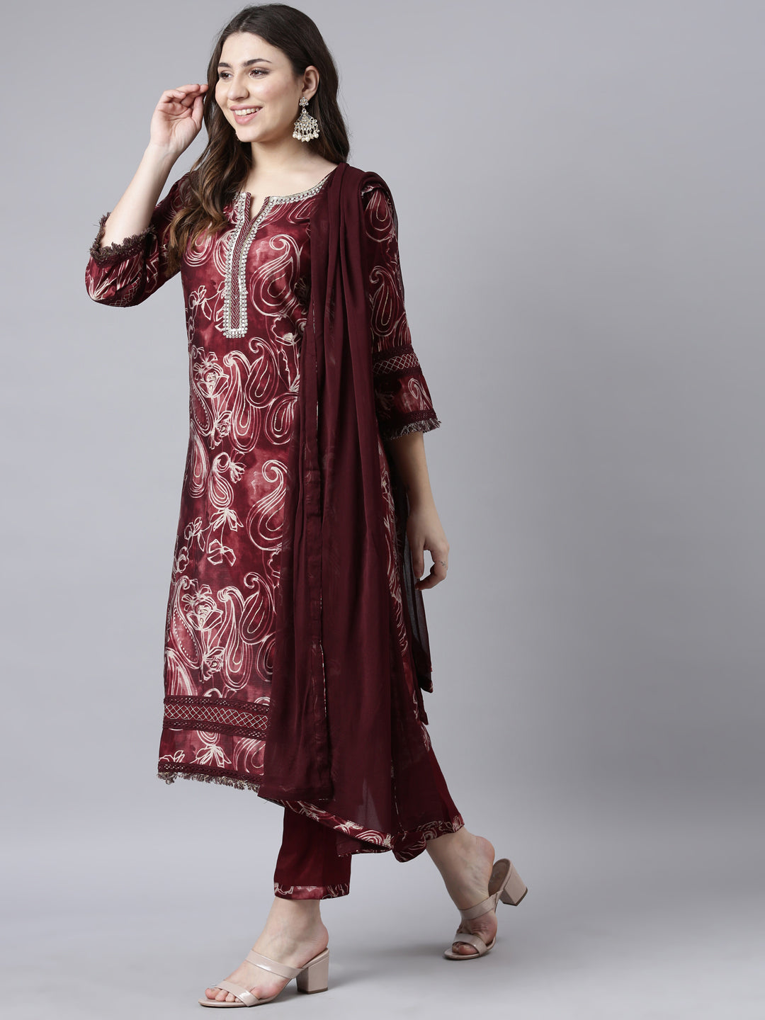 Neerus Maroon Shantoon printed suit set - back view