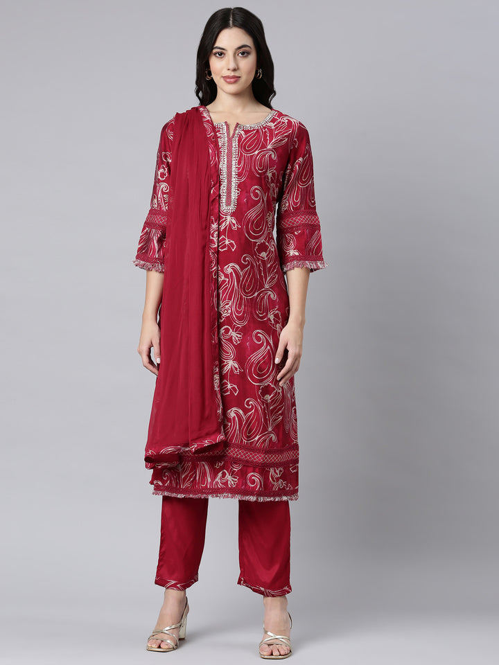 Neerus Pink printed paisley suit set - front view