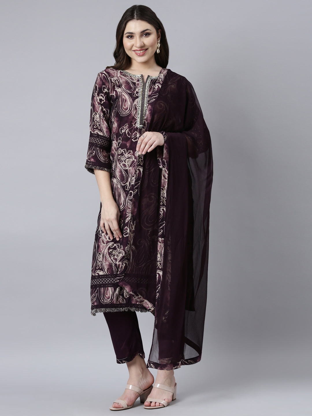 Neerus Purple printed paisley suit set - front view
