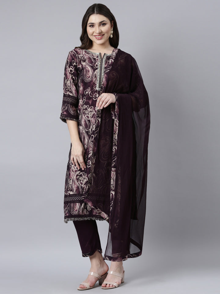 Neerus Purple printed paisley suit set - front view
