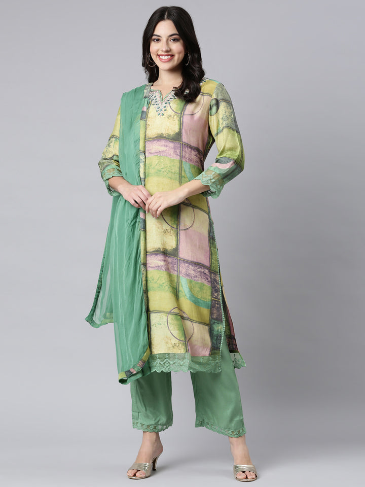 Neerus Green printed geometric suit set - detail view 2