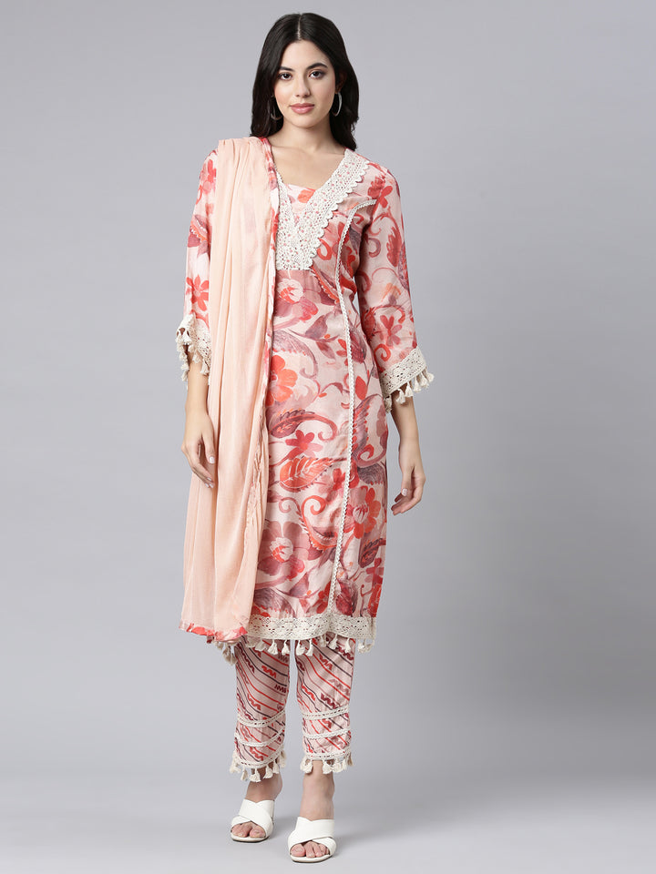 Neerus Orange printed floral suit set - front view