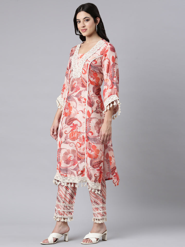 Neerus Orange printed floral suit set - back view