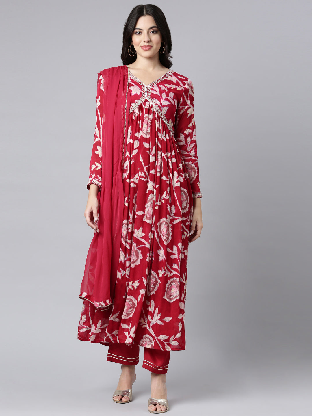 Neerus Pink floral printed straight suit set - front view