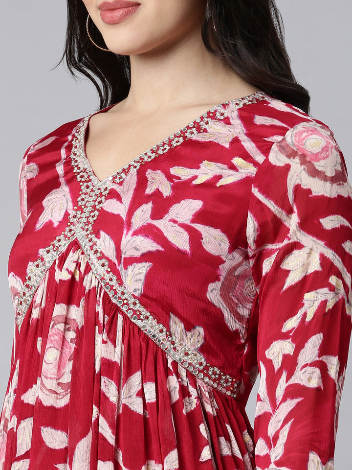 Neerus Pink floral printed straight suit set - detail view 1