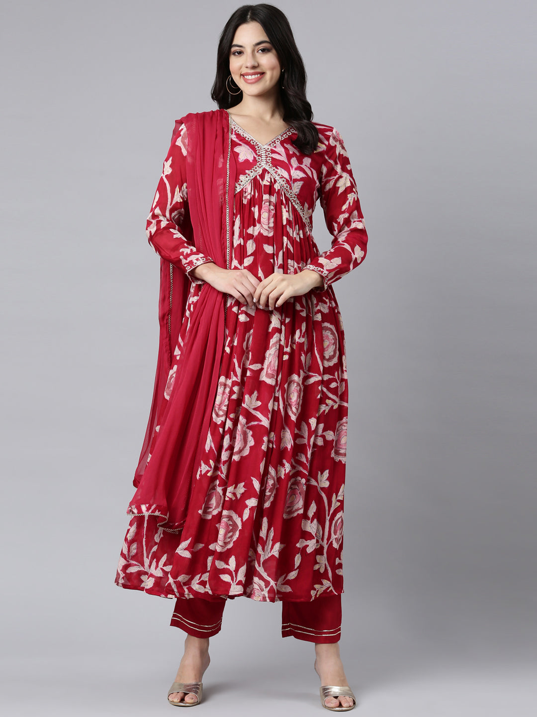 Neerus Pink floral printed straight suit set - detail view 2