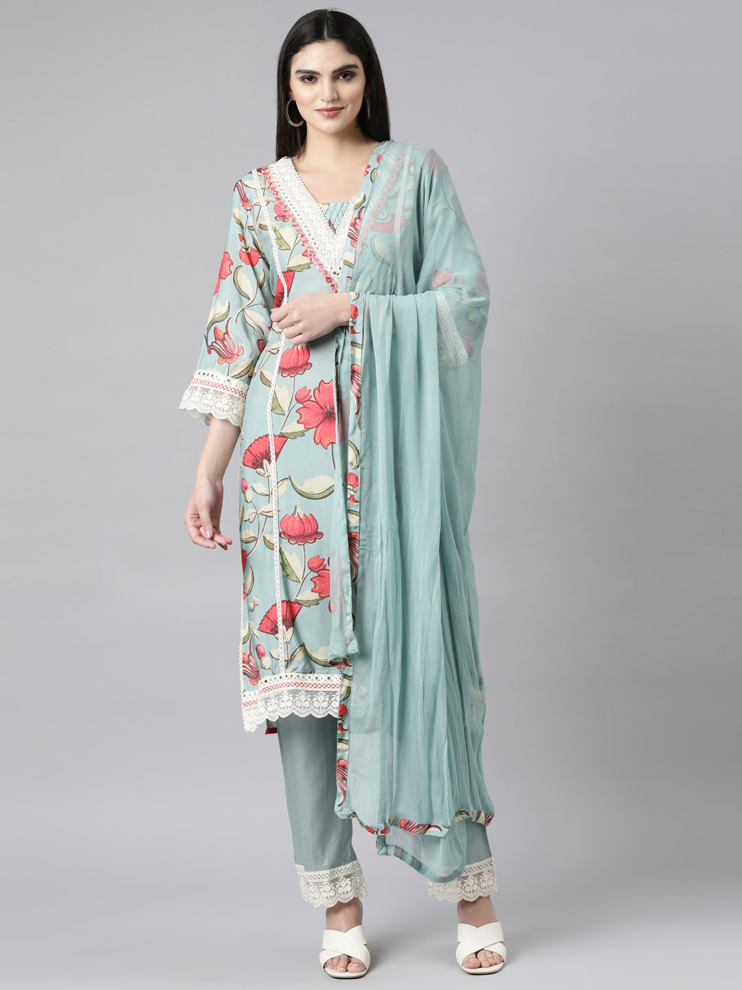 Neerus Blue printed floral suit set straight kurta with trouser and dupatta - front view