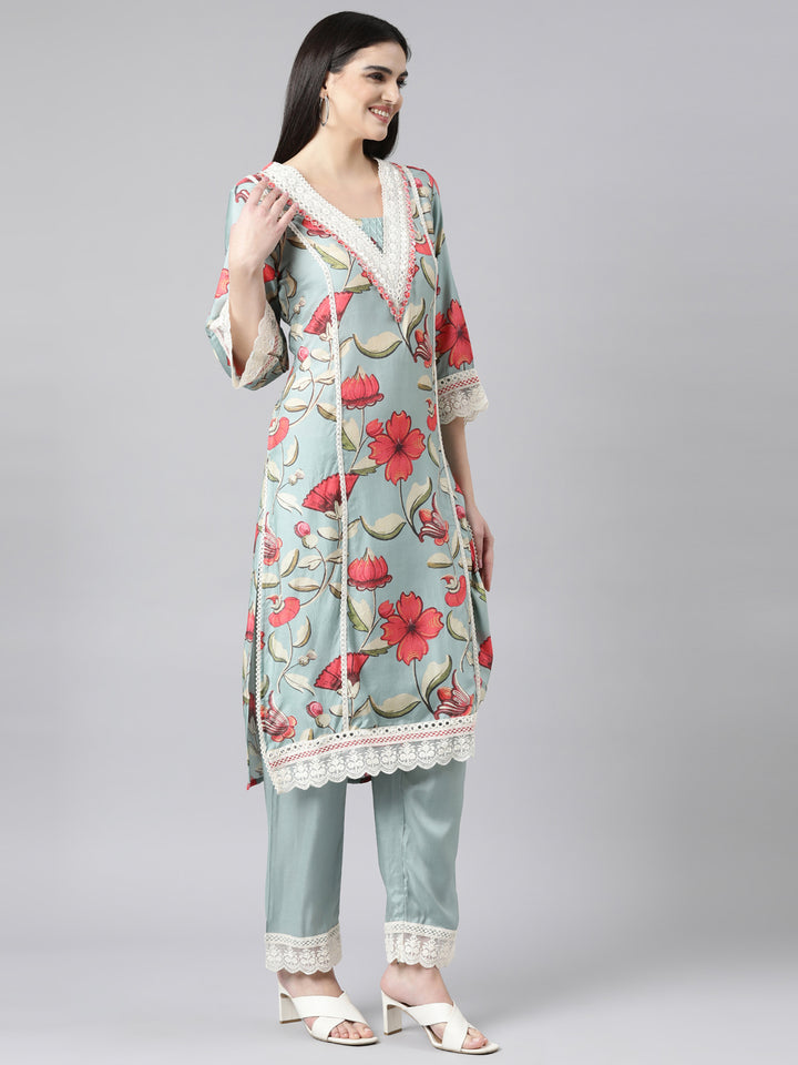 Neerus Blue printed floral suit set straight kurta with trouser and dupatta - back view