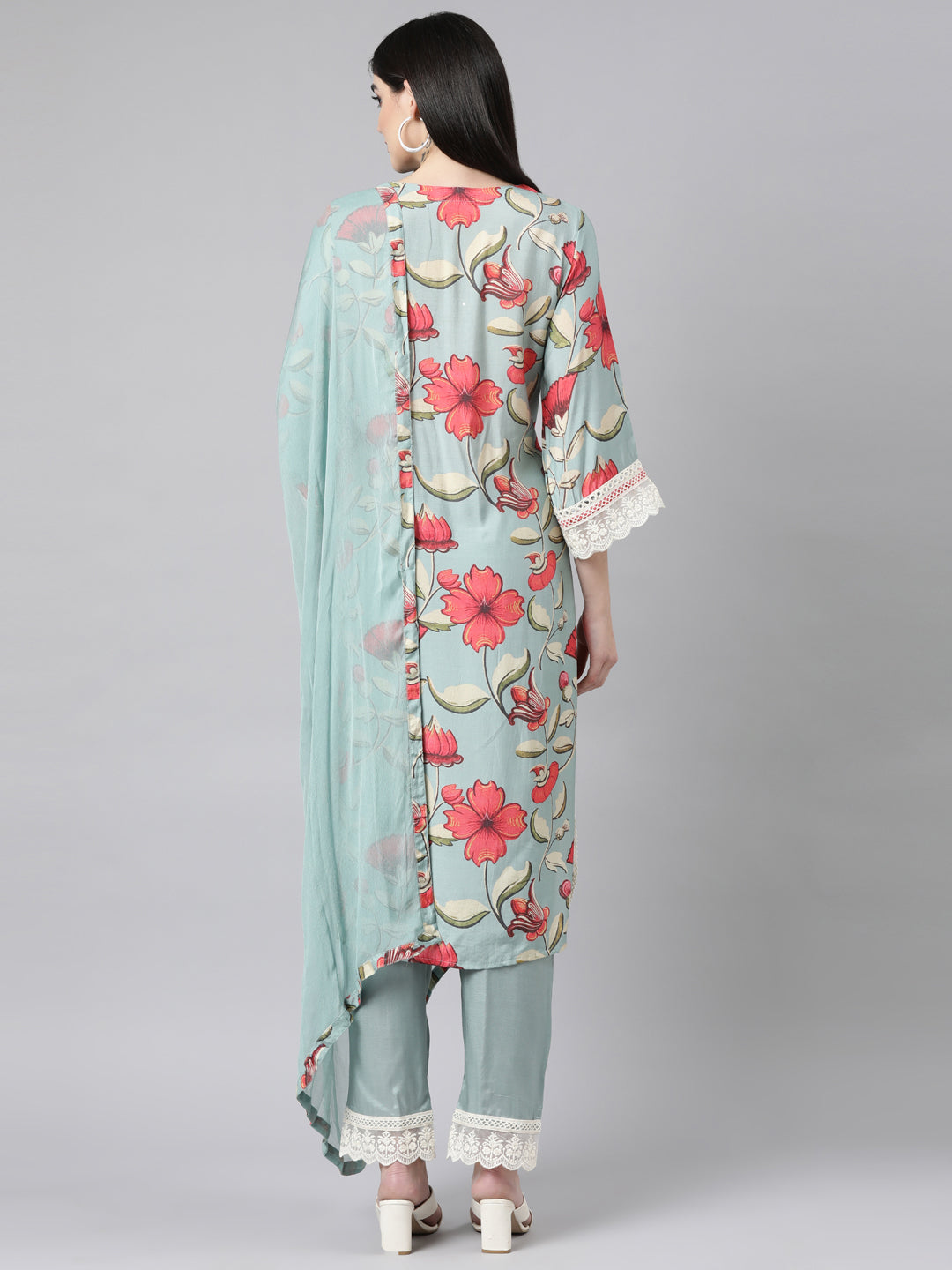 Neerus Blue printed floral suit set straight kurta with trouser and dupatta - side view