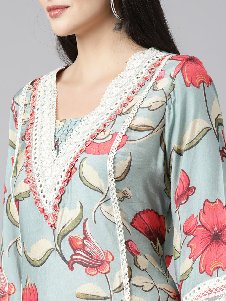 Neerus Blue printed floral suit set straight kurta with trouser and dupatta - detail view 1
