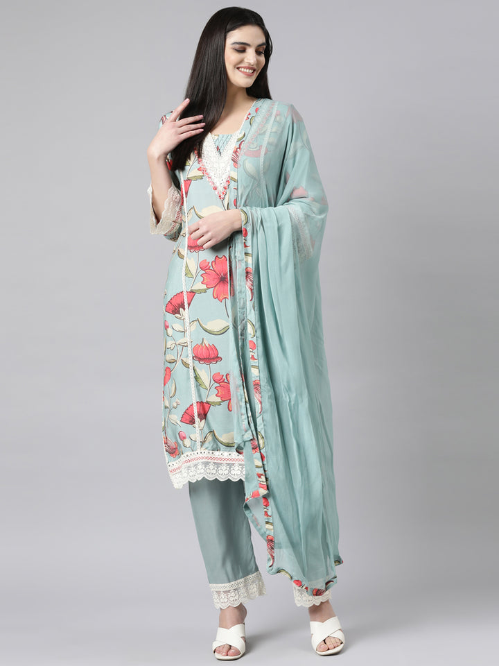 Neerus Blue printed floral suit set straight kurta with trouser and dupatta - detail view 2