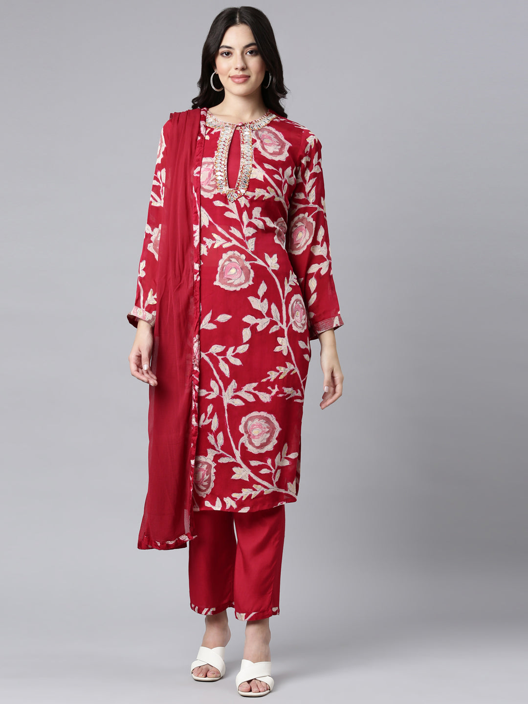 Neerus Pink floral printed straight suit set - front view