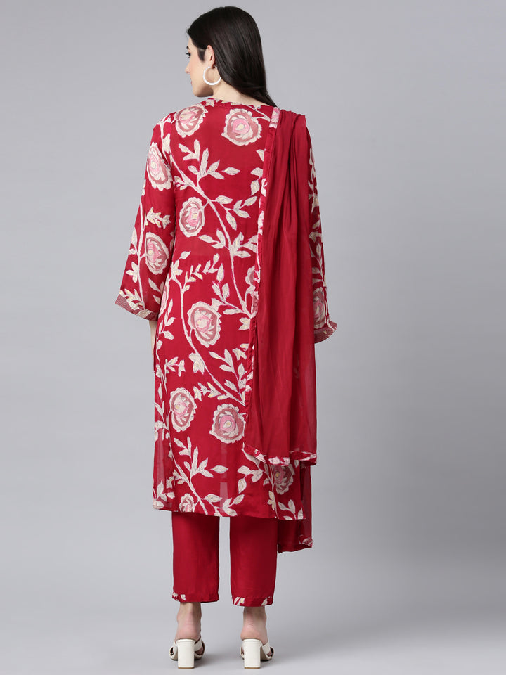 Neerus Pink floral printed straight suit set - side view
