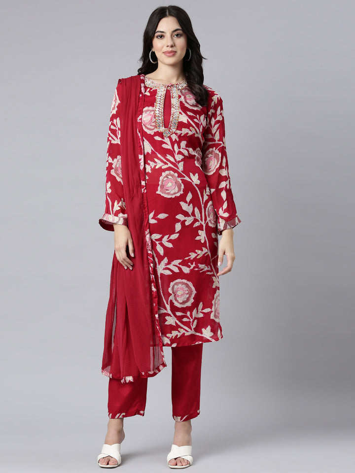 Neerus Pink floral printed straight suit set - detail view 2