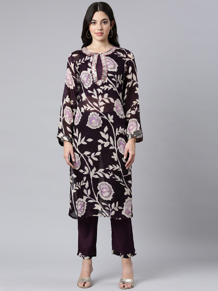 Neerus Purple printed floral straight suit set - front view