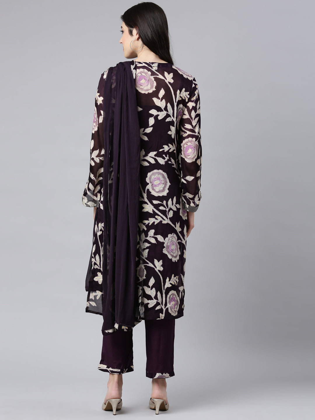Neerus Purple printed floral straight suit set - side view