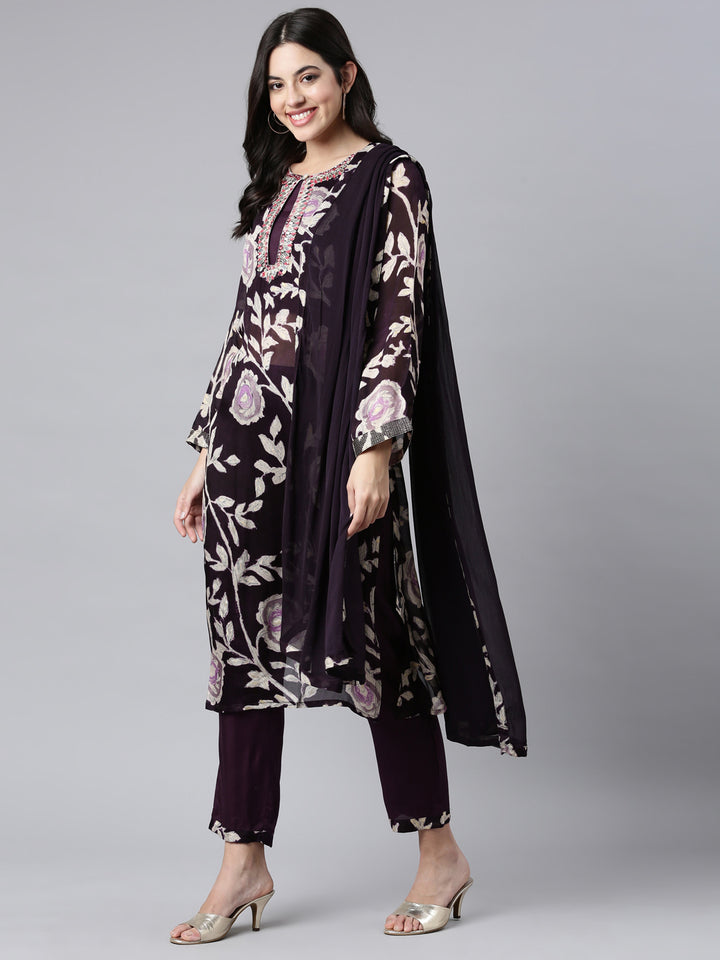 Neerus Purple printed floral straight suit set - detail view 2